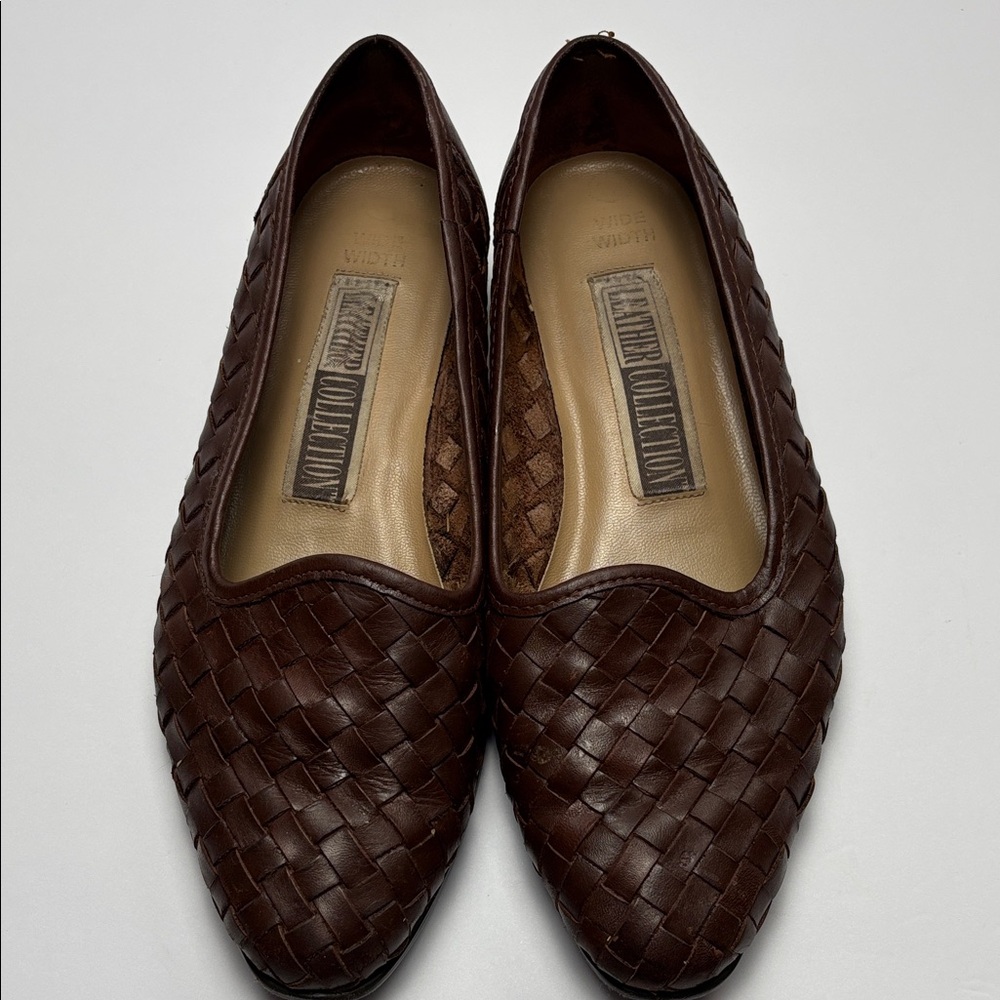 Leather Collection Vintage-Style Woven Brown Ballet Flats‎ Women’s W6 #0269